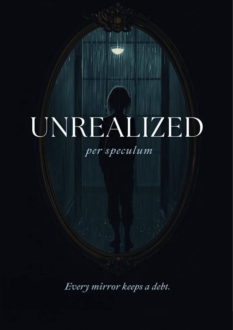 Cover of Unrealized: inside an ornate oval mirror, a girl seen from behind walks down a rain-streaked hallway under a single light.