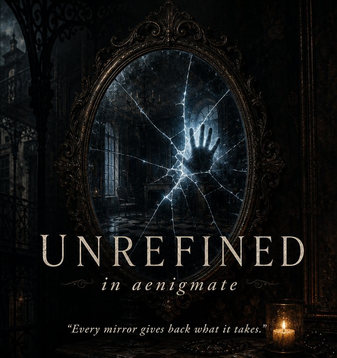 Cover of Unrefined: a shadowed hand presses against a cracked oval mirror in a dark gothic room, a single candle burning below.