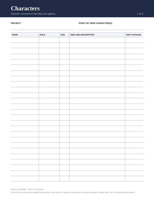 Preview of the first page of the Characters template